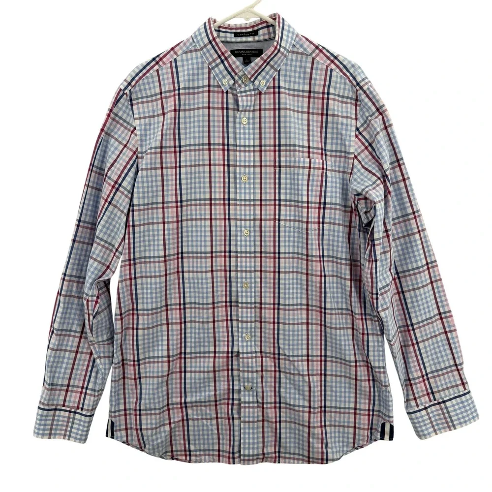 Banana Republic Shirt Mens Large Blue Red Plaid Camden Fit Non-Iron Button Down